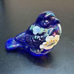 Fenton Hand Painted Blue Iridescent Happiness/Song Bird with Flowers A. Farley